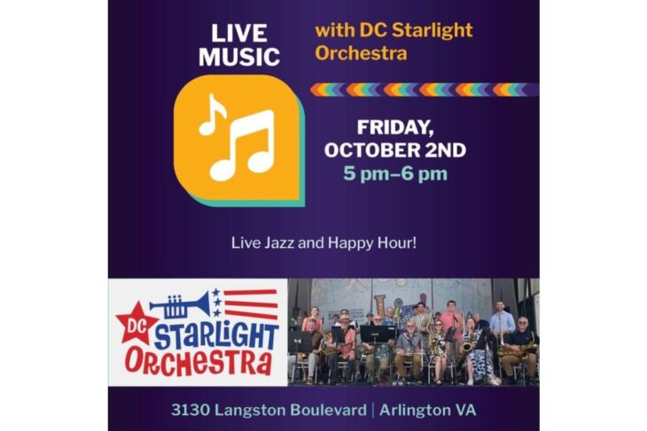 Poster advertising live jazz with DC Starlight Orchestra on Oct 2, 5–6 pm; Arlington VA venue at 3130 Langston Blvd.