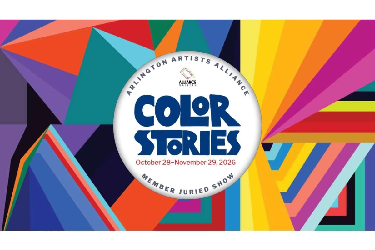 Color Stories event banner with a multicolor geometric background and a white circular logo at center, reading 'Color Stories' with dates October 28–November 29, 2026.