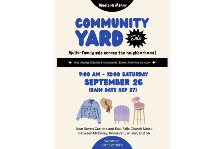 Poster advertising Madison Manor Community Yard Sale, Sept 26, 9:00 AM–12:00 PM (rain date Sept 27) near Seven Corners & East Falls Church Metro with items for sale by neighbors.
