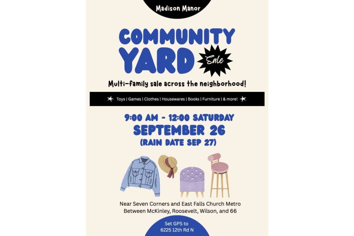 Poster advertising Madison Manor Community Yard Sale, Sept 26, 9:00 AM–12:00 PM (rain date Sept 27) near Seven Corners & East Falls Church Metro with items for sale by neighbors.