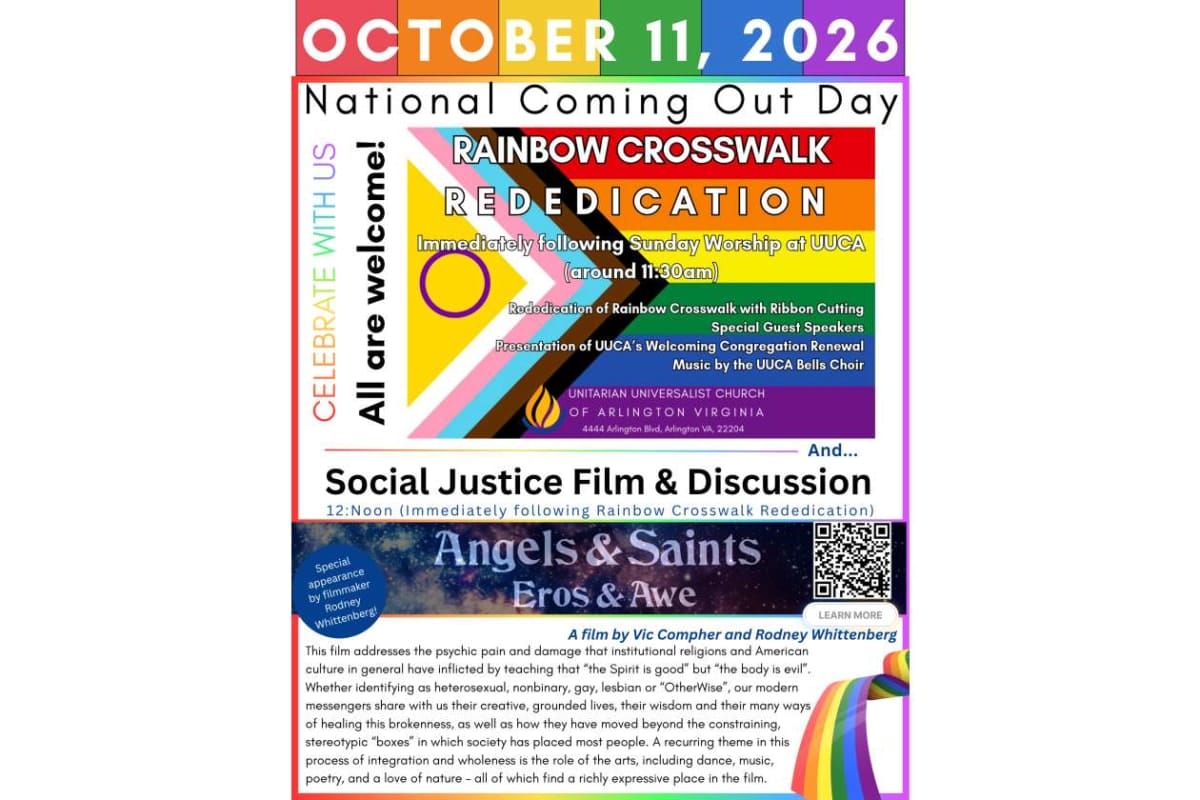 Colorful poster for National Coming Out Day (Oct 11, 2026) featuring Rainbow Crosswalk rededication events and a social justice film & discussion poster-style