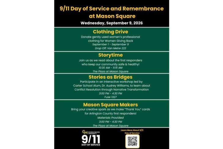 Flyer for Mason Square's 9/11 Day of Service with events: Clothing Drive, Storytime, Stories as Bridges, Mason Square Makers and times.