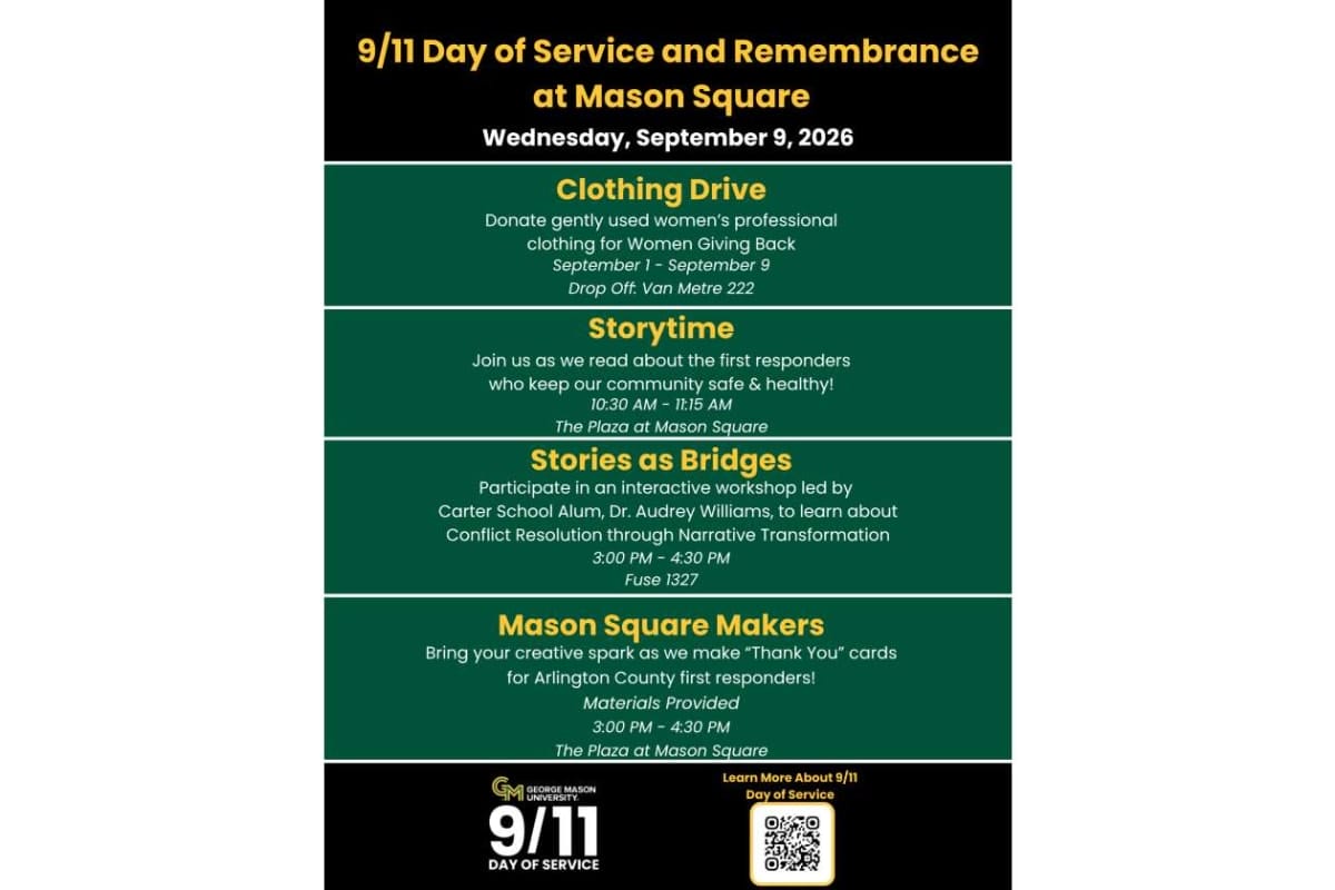Flyer for Mason Square's 9/11 Day of Service with events: Clothing Drive, Storytime, Stories as Bridges, Mason Square Makers and times.