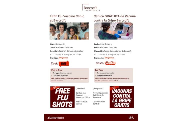 Bilingual Barcroft Apartments flyer advertising a free flu vaccine clinic, with left English and right Spanish sections and event details nearby photos of people and a nurse.