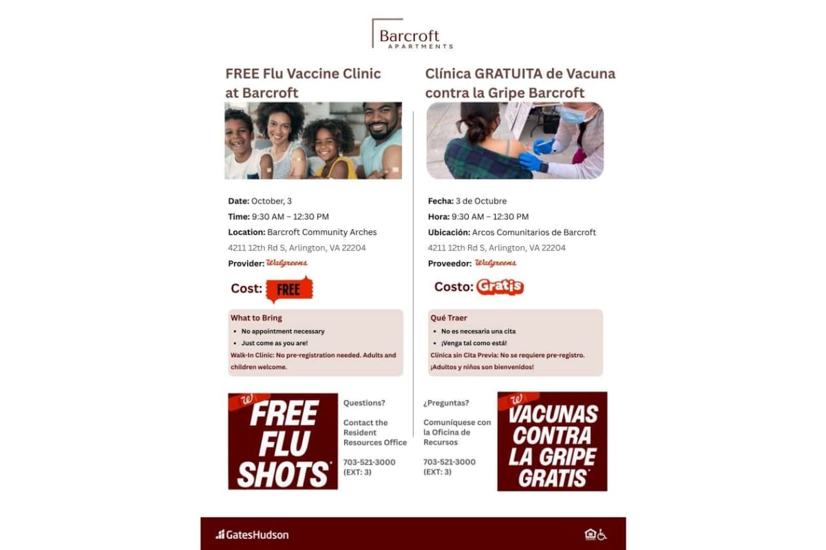 Bilingual Barcroft Apartments flyer advertising a free flu vaccine clinic, with left English and right Spanish sections and event details nearby photos of people and a nurse.