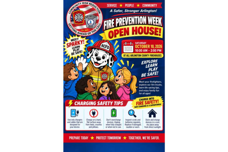 Colorful poster advertising Fire Prevention Week Open House with a firefighter dog mascot and smiling kids, including event date and safety tips, inviting families to visit arsenity firehouses.