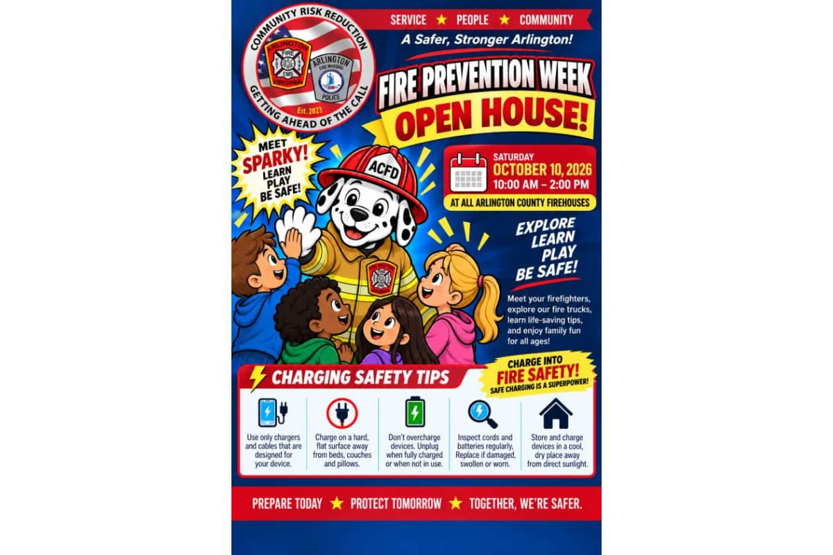 Colorful poster advertising Fire Prevention Week Open House with a firefighter dog mascot and smiling kids, including event date and safety tips, inviting families to visit arsenity firehouses.