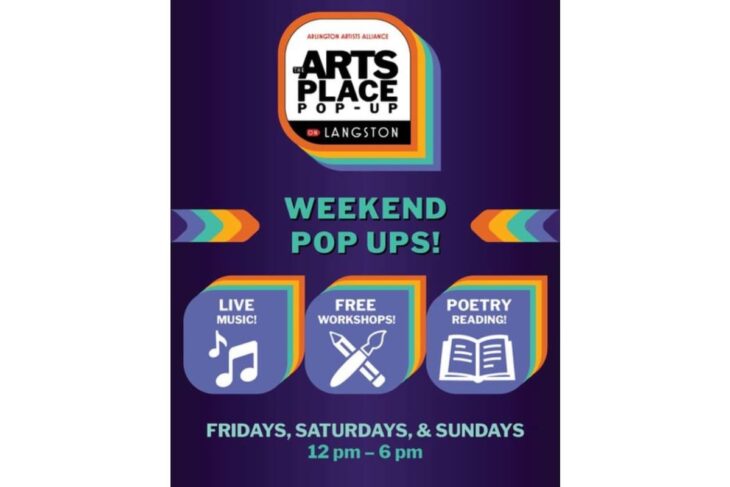 Poster for Arts Place Pop-Up: Weekend events with live music, free workshops, and poetry readings, Fridays–Sundays, 12 pm–6 pm.