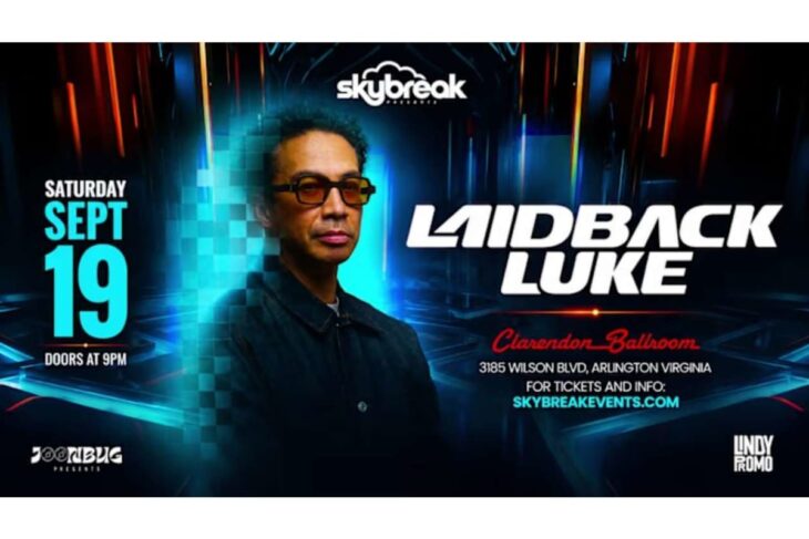 Promotional poster for DJ Lindback Luke at Skybreak, showing date Sept 19 and venue Clarendon Ballroom, Arlington VA.