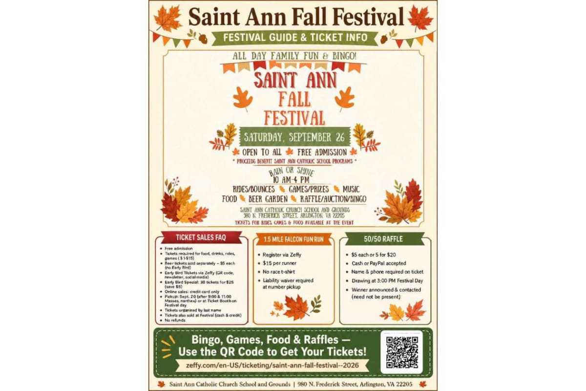 Saint Ann Fall Festival flyer: open to all, free admission, Saturday, September 26, Saint Ann Catholic School grounds, Arlington VA (family fun, games, bingo).