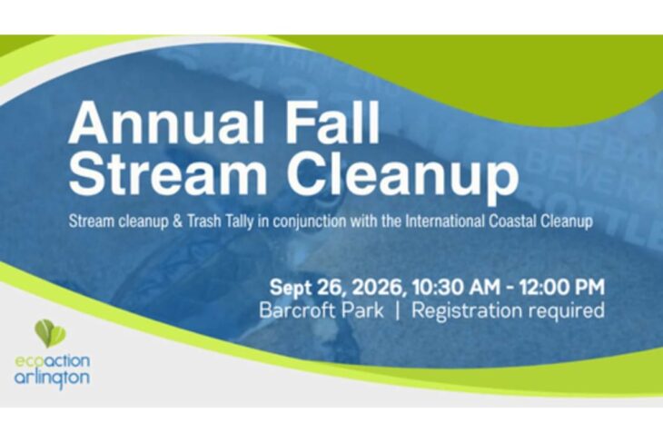 Banner for Annual Fall Stream Cleanup event with date Sept 26, 2026, 10:30 AM–12 PM at Barcroft Park; registration required; EcoAction Arlington logo.