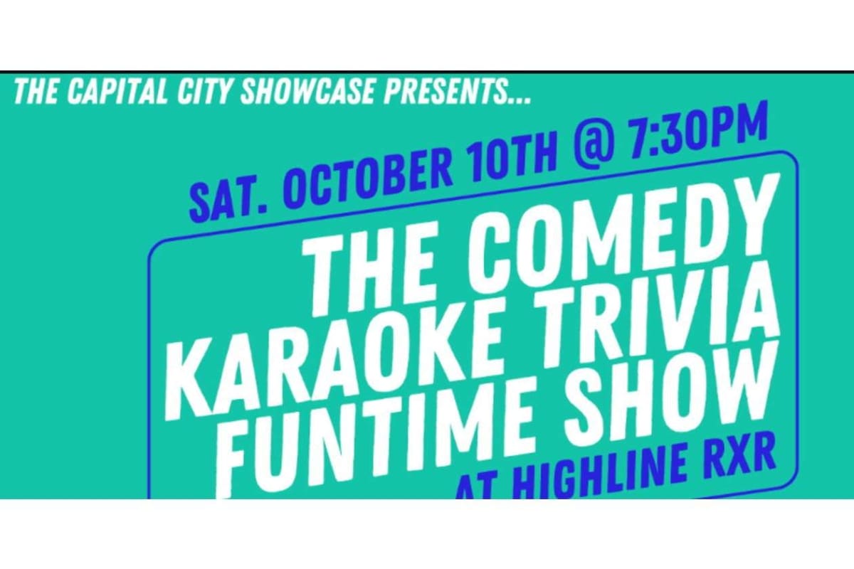 Teal poster advertising 'The Comedy Karaoke Trivia Funtime Show' on Sat Oct 10 at 7:30 PM, at Highline RXR.