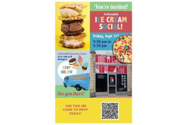 Bright flyer inviting you to TriVistaUSA Ice Cream Social on Friday, Sept 11, 4:30–5:30 pm, with a QR code for RSVP.