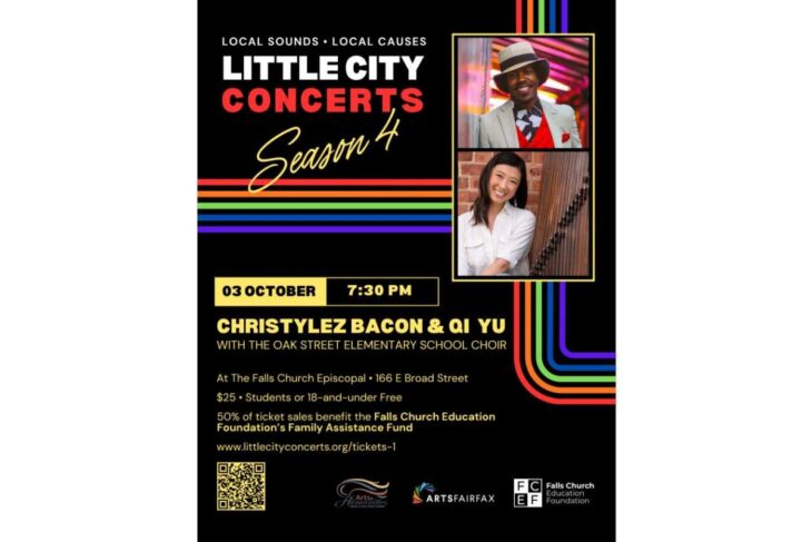 Event poster for Little City Concerts Season 4 featuring Christylez Bacon & Qi Yu with the Oak Street Elementary School Choir, Oct 3, 7:30 PM, Falls Church Episcopal.