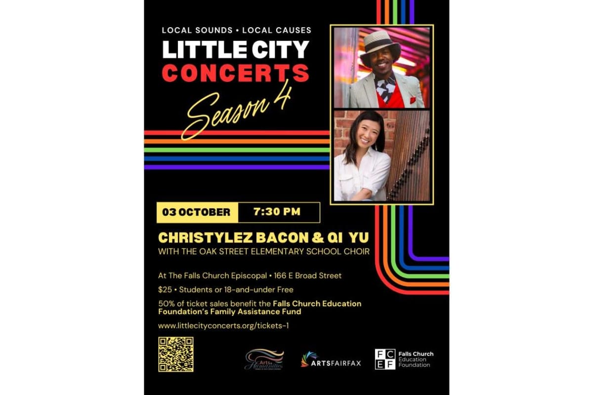 Event poster for Little City Concerts Season 4 featuring Christylez Bacon & Qi Yu with the Oak Street Elementary School Choir, Oct 3, 7:30 PM, Falls Church Episcopal.