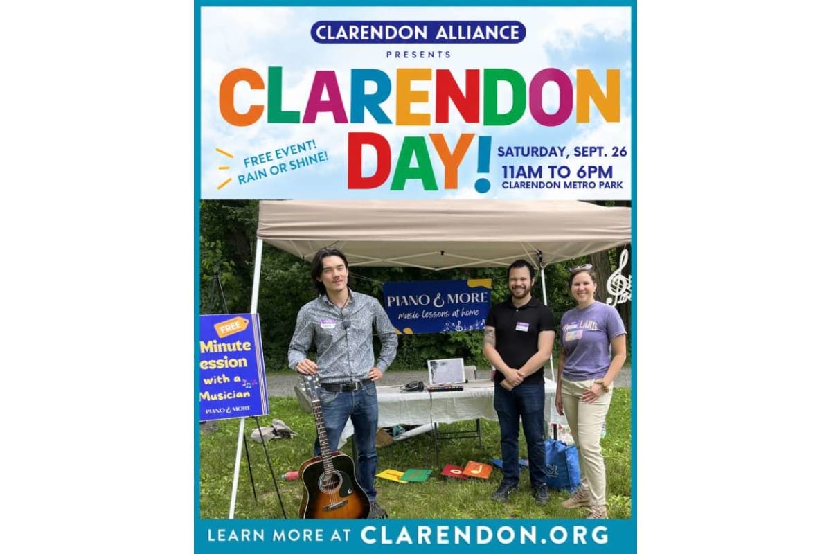 Colorful poster for Clarendon Day featuring a tent booth with three people (two men, one woman) and a guitar on the ground, promoting free events and music lessons at Clarendon Metro Park on a Saturday from 11 AM to 6 PM, with the website clare ndon.org at the bottom.