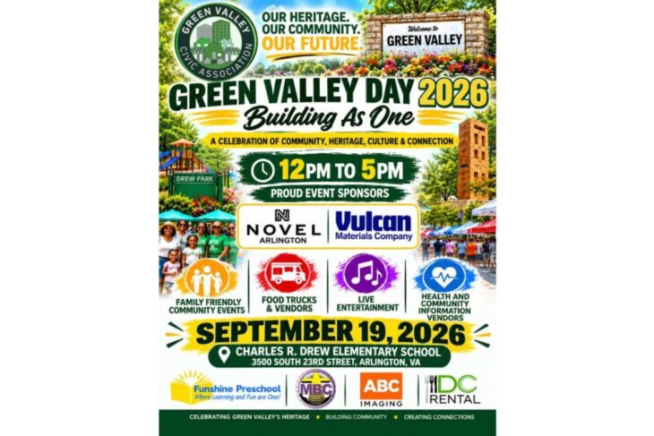 Poster for Green Valley Day 2026 with date, 12 PM–5 PM, at Charles R. Drew Elementary School in Arlington, VA. Visuals include sponsors and activity icons.