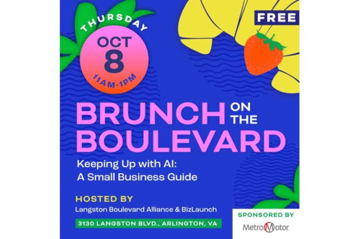 Flyer for 'Brunch on the Boulevard' promoting AI for small business guide, Oct 8, 11am–1pm, hosted by Langston Boulevard Alliance & BizLaunch, sponsored by Metro Motor (free).
