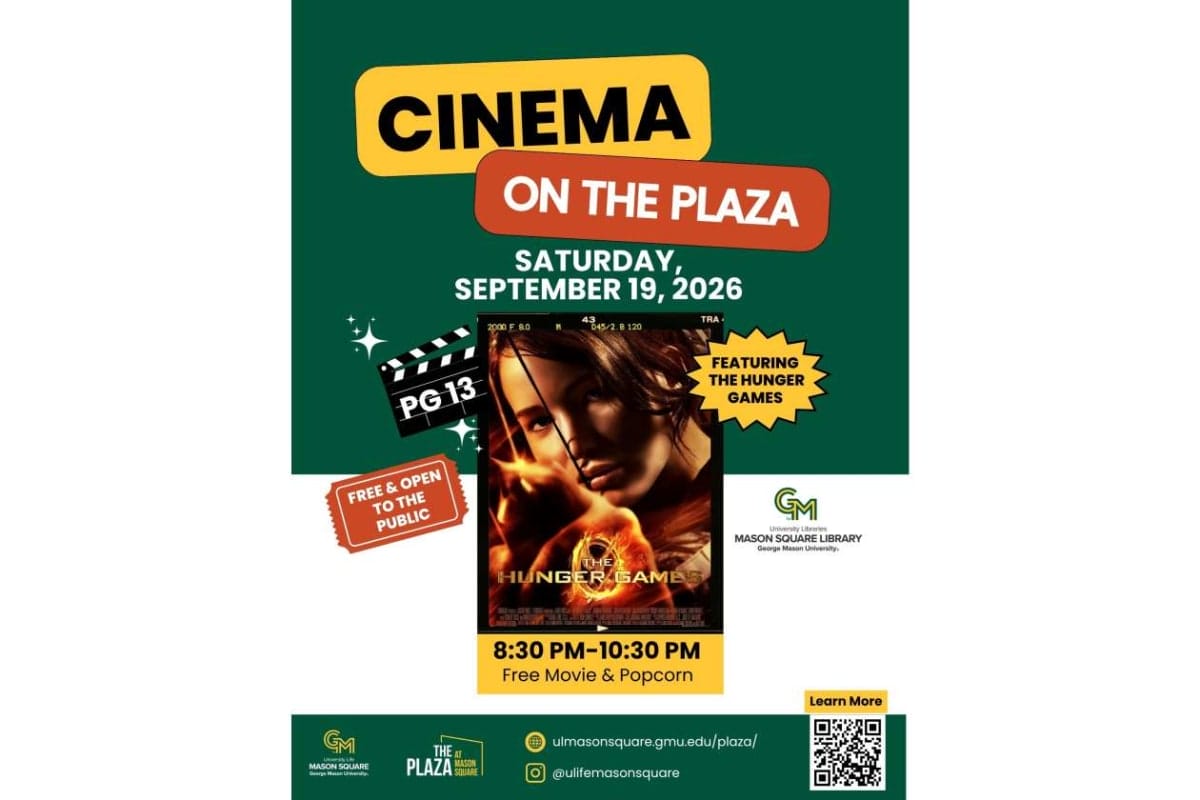 Poster advertising 'Cinema on the Plaza' with The Hunger Games screening on Sept 19, 2026; free popcorn for attendees.