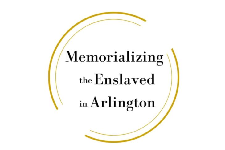 Logo with gold circular arcs and the text 'Memorializing the Enslaved in Arlington' in black serif font.
