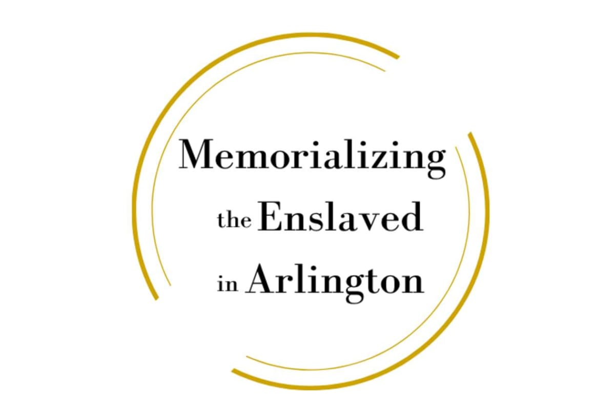 Logo with gold circular arcs and the text 'Memorializing the Enslaved in Arlington' in black serif font.