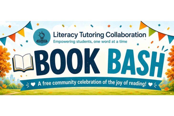 Promotional banner for Literacy Tutoring Collaboration: 'Book Bash' community celebration of reading with bright colors and festive flags.