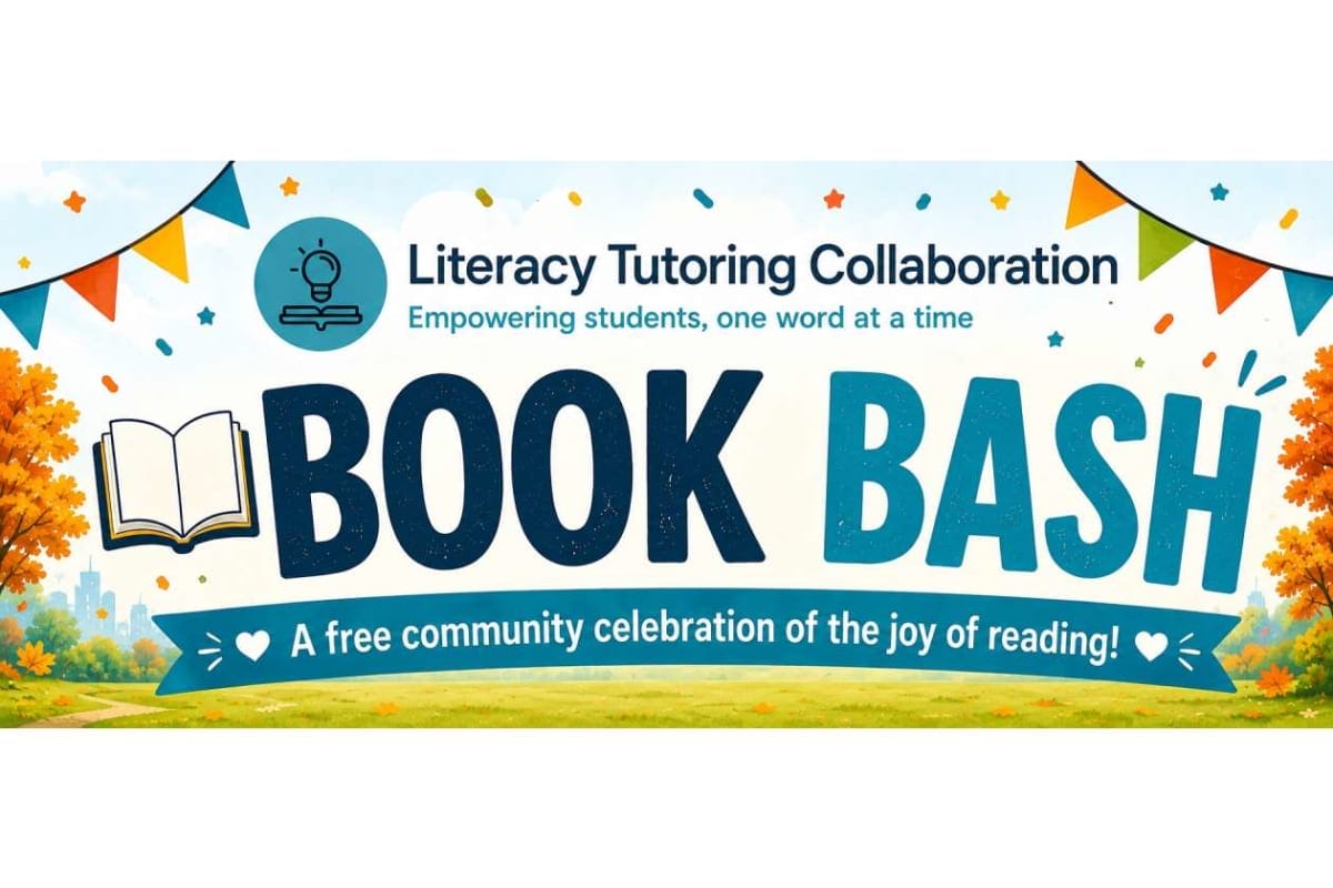 Promotional banner for Literacy Tutoring Collaboration: 'Book Bash' community celebration of reading with bright colors and festive flags.