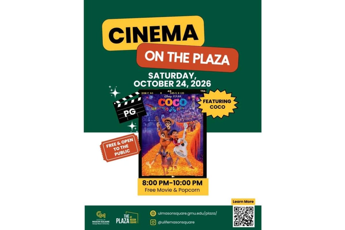 Poster for 'Cinema on the Plaza' event featuring Coco, with date 'Saturday, October 24, 2026' and 8:00 PM–10:00 PM free movie and popcorn subtitle (green background). Featuring Coco badge and film frame image.