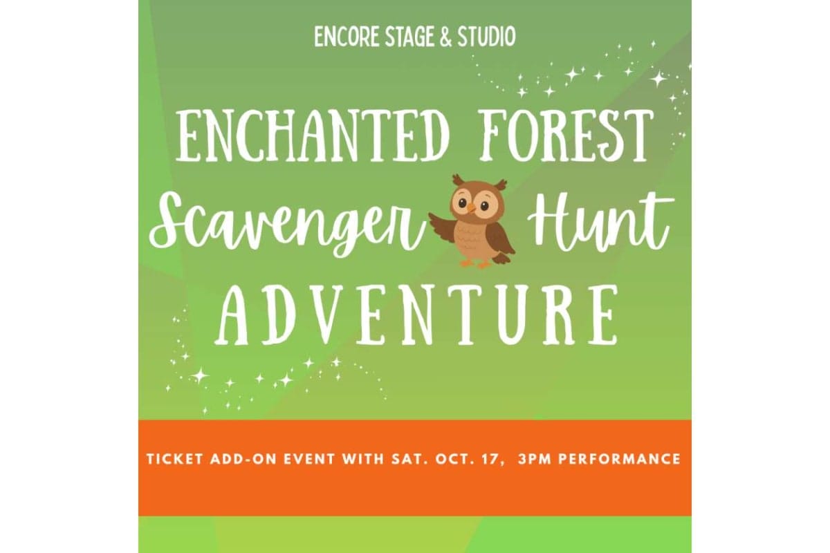 Poster advertising Enchanted Forest Scavenger Hunt Adventure with a cute owl on a green gradient background and an orange ticket banner at the bottom.
