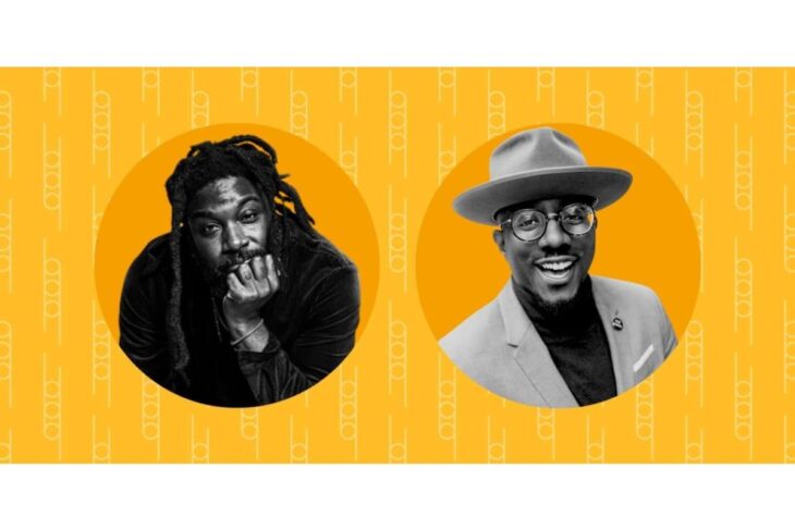 Two grayscale portraits in circular frames on an orange patterned background.