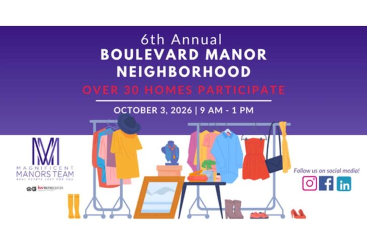 Event banner for the 6th Annual Boulevard Manor Neighborhood—over 30 homes participate, date and time October 3, 2026, 9 AM–1 PM; clothing racks and fashion items pictured.