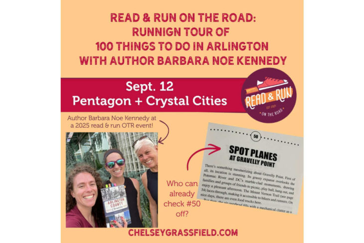 Promotional poster for Read & Run on the Road Arlington event with author Barbara Noe Kennedy, Sept. 12 at Pentagon + Crystal City (Read & Run logo).