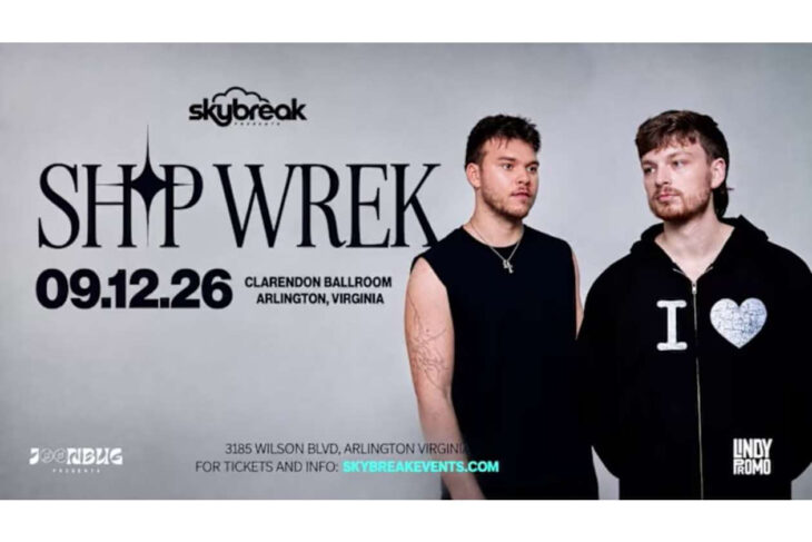 Promotional poster for SHMP WREK with two men standing side by side; date 09.12.26 and venue details (Clarendon Ballroom, Arlington, Virginia) are shown.