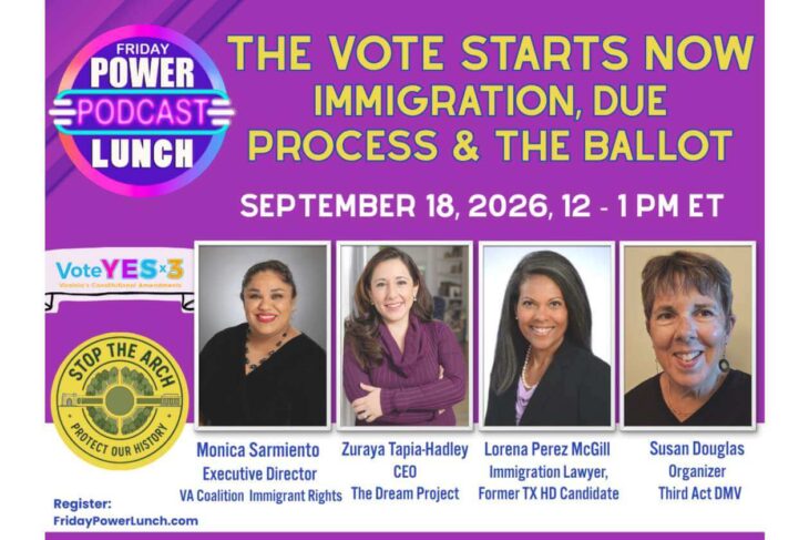 Purple event poster for Friday Power Podcast Lunch on immigration and the ballot, with four speaker photos and names beneath.