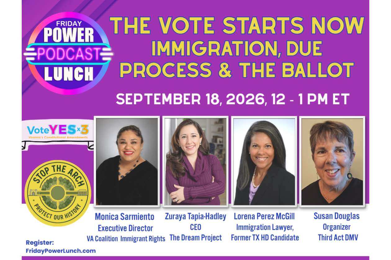 Purple event poster for Friday Power Podcast Lunch on immigration and the ballot, with four speaker photos and names beneath.