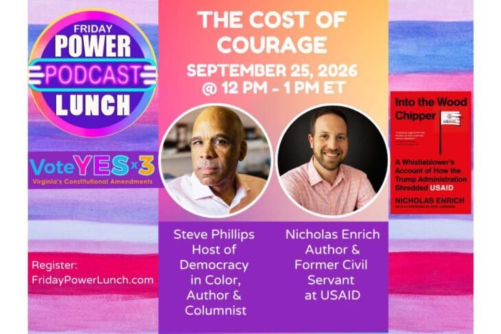 Poster advertising the Friday Power Lunch podcast event with the slogan Vote YES x3, showing two speaker headshots and event details (Sept 25, 2026, 12–1 PM ET).