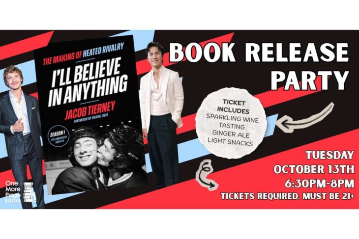 Promotional poster for a book release party: the book cover 'I’ll Believe in Anything' with two men in suits and event details (date, time, tickets).
