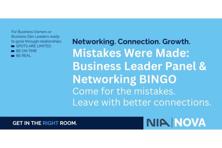 Promotional banner for a business networking event: 'Mistakes Were Made: Business Leader Panel & Networking BINGO' with taglines about growth and better connections, plus 'Get in the right room' and sponsor logos.