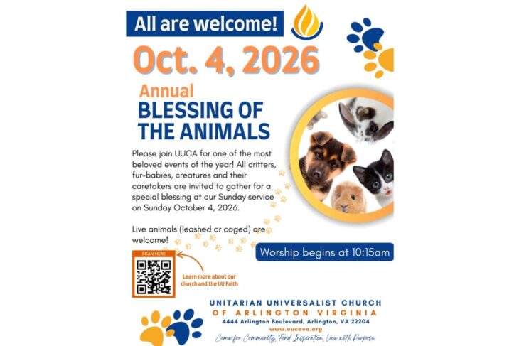 Flyer for UU event: Blessing of the Animals on Oct 4, 2026; worship at 10:15am; includes a QR code and pictures of pets.