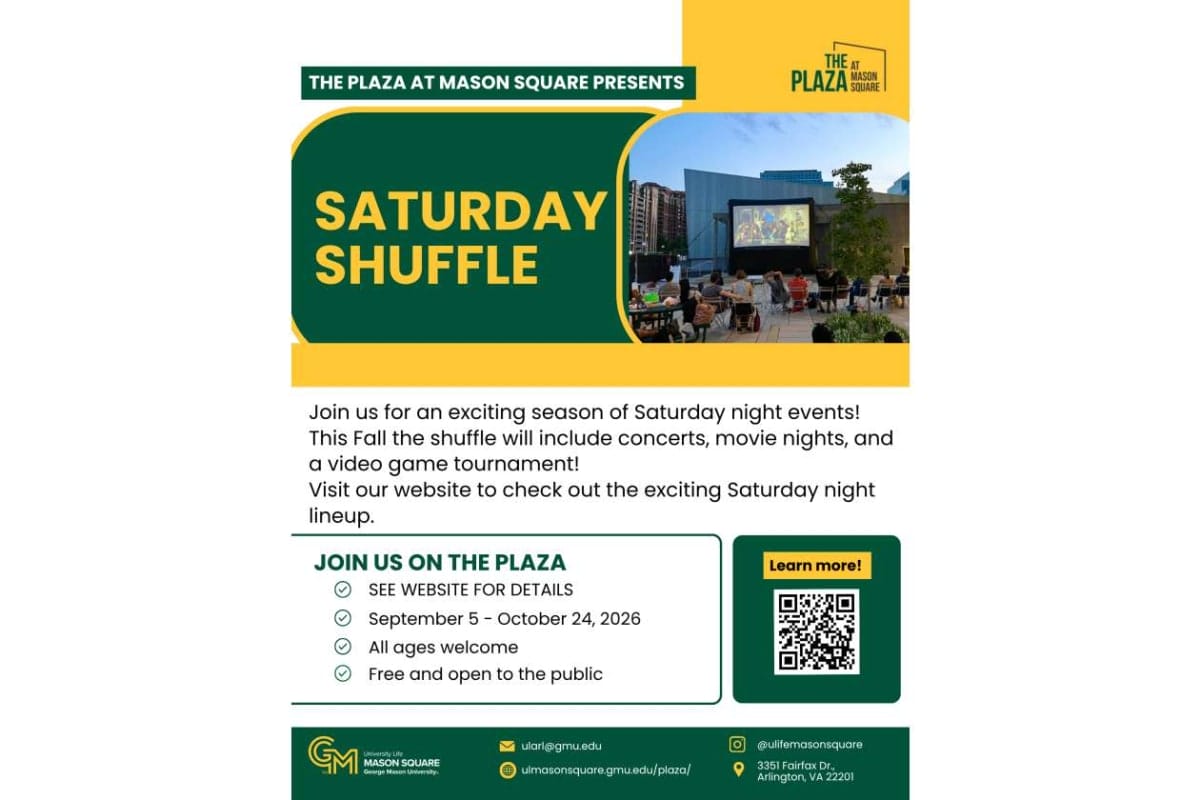 Flyer for The Plaza at Mason Square's Saturday Shuffle: outdoor screenings Sept 5–Oct 24, 2026; free, all ages; includes QR code.