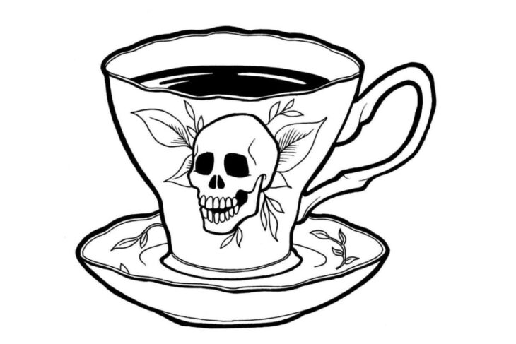 Teacup on a saucer with a skull and leaves design, giving a spooky, Halloween vibe