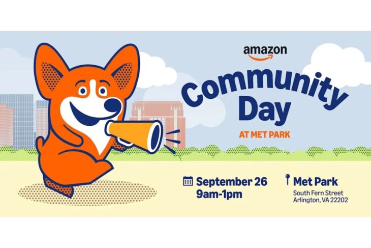 Cartoon orange corgi mascot with a megaphone on an event banner for Amazon Community Day at Met Park, Sept 26, 9am–1pm, Arlington VA.