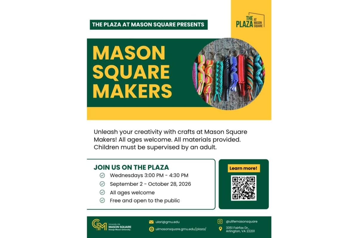 Event poster for Mason Square Makers at The Plaza, describing crafts program with a circular image of colorful woven items and a QR code.