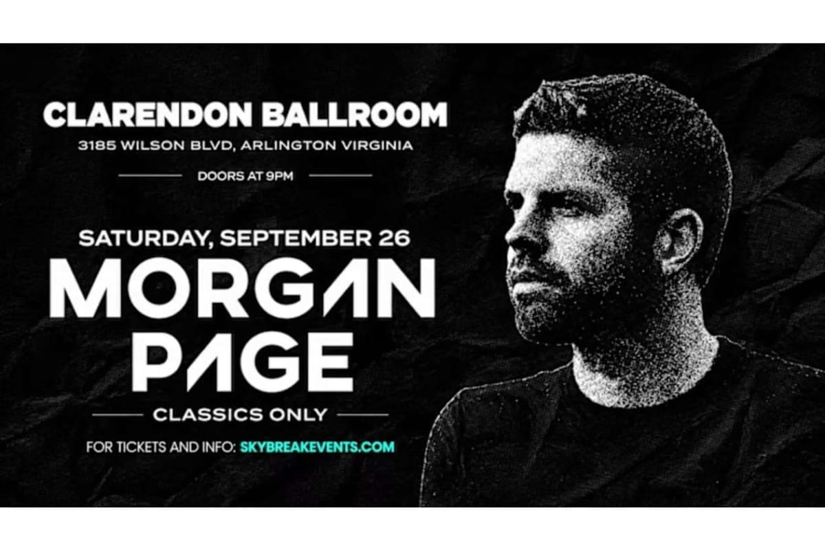 Promotional poster for Morgan Page at Clarendon Ballroom in Arlington, with a bold, white type on black background and a man’s portrait on the right.