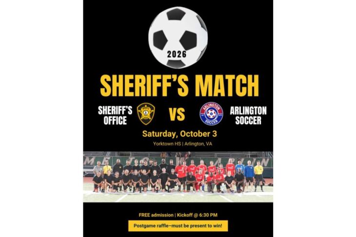 Poster for a 2026 sheriff's match: Sheriff’s Office vs Arlington Soccer, logo of a soccer ball and date October 3 at Yorktown High School, Arlington, VA, on a black background.