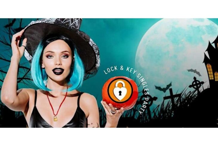 Promo banner: Woman in a witch hat holding an orange pumpkin with a lock icon, advertising a Lock & Key singles party in a moonlit, spooky graveyard scene.