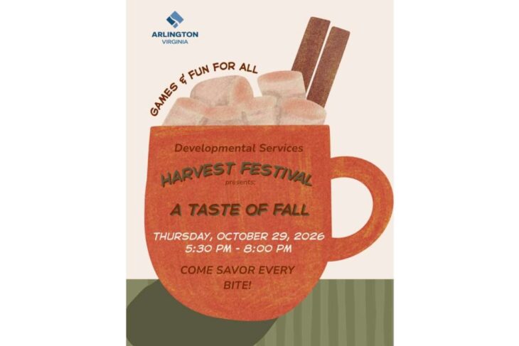 Arlington, Virginia Harvest Festival poster: A Taste of Fall, Oct 29, 2026, 5:30–8:00 PM, with a mug of hot chocolate and marshmallows and chocolate sticks.