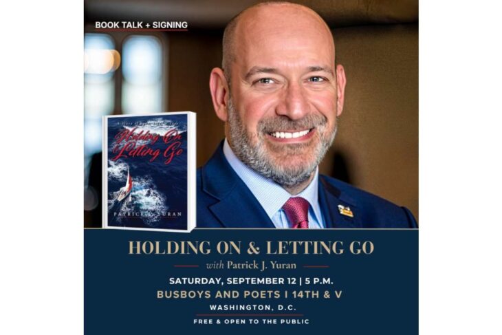 Promotional flyer for a book talk and signing with Patrick J. Yuran; title Holding On & Letting Go, date Sept 12 at 5 PM, Washington DC, free and open to the public.