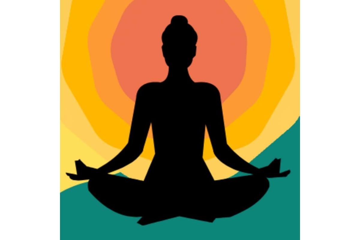 Silhouette of a person meditating in a cross-legged pose with hands resting on knees, colorful concentric sunburst background, teal ground behind.