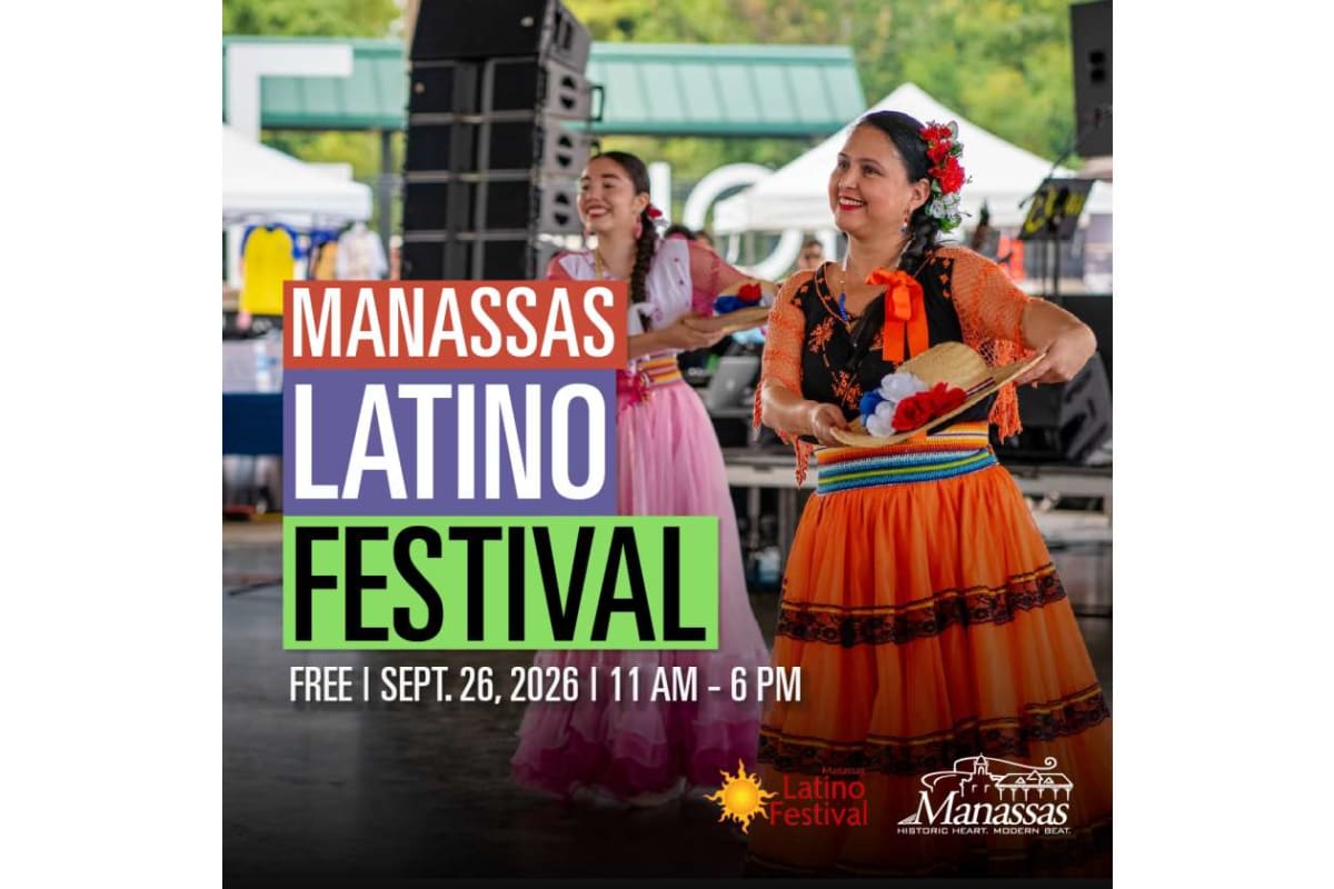 Event poster for Manassas Latino Festival showing two dancers in colorful traditional dress; date Sept. 26, 2026, 11 AM–6 PM (free).